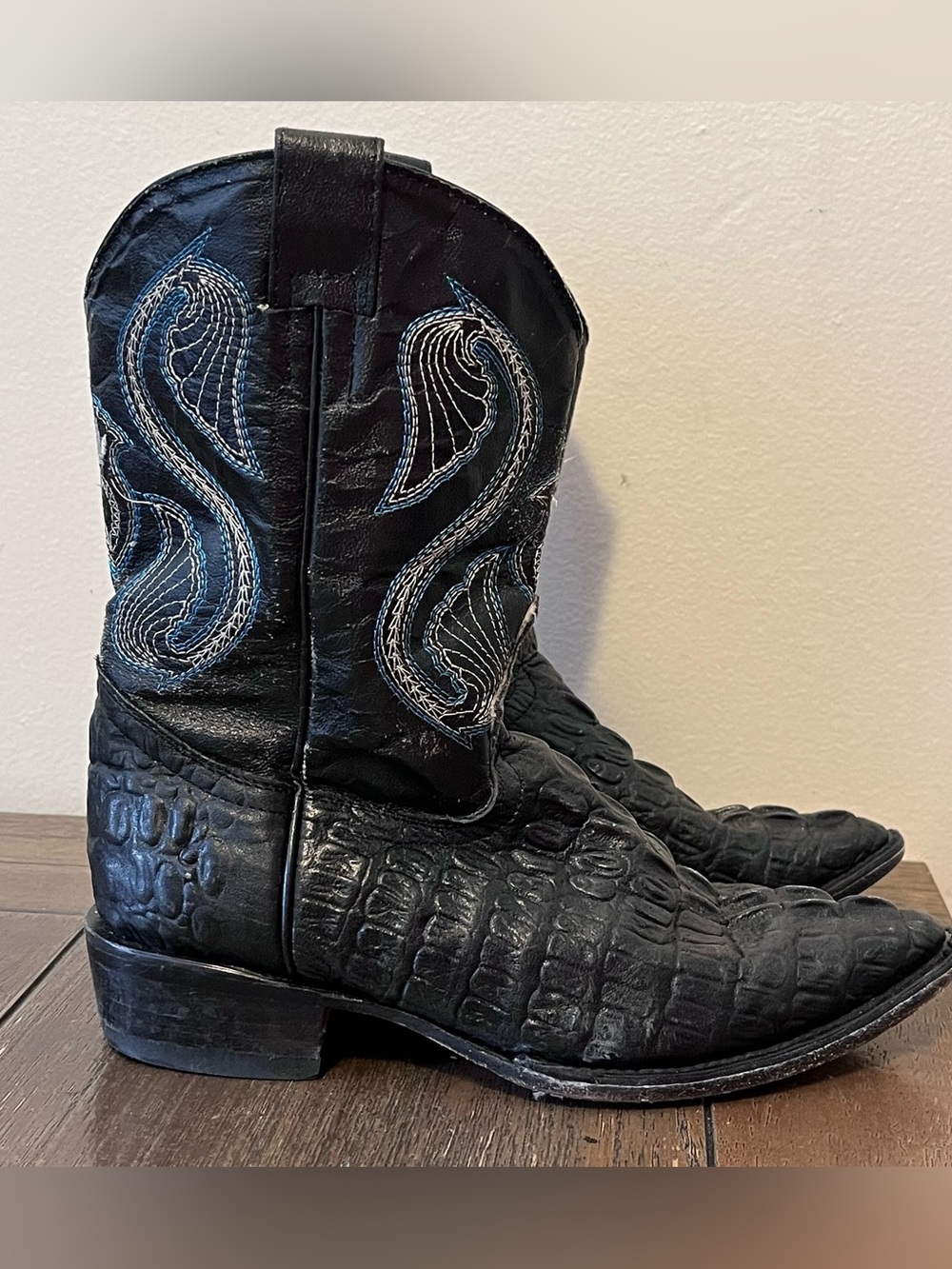 Montenegro Black Leather Embossed Crocodile Skin Western Cowboy Boots Kids 2.5Y